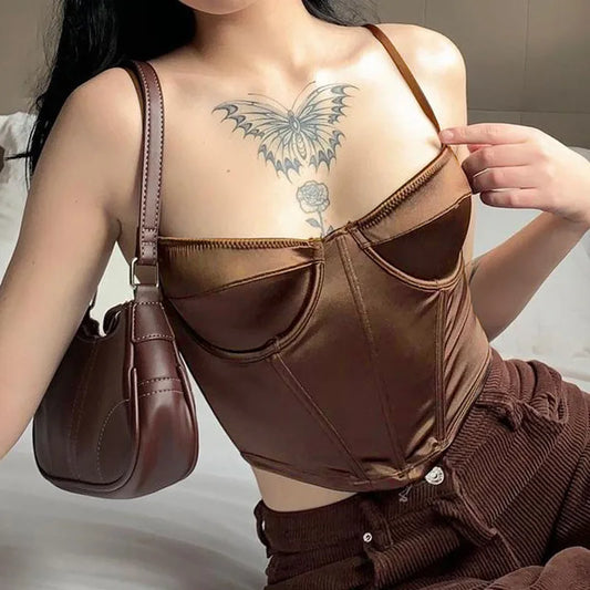 lovwvol Summer Women 90s style Silk brown V Neck Spaghetti Straps Corset Top Sleeveless Slim Sexy Backless Crop Cami Top 2000s