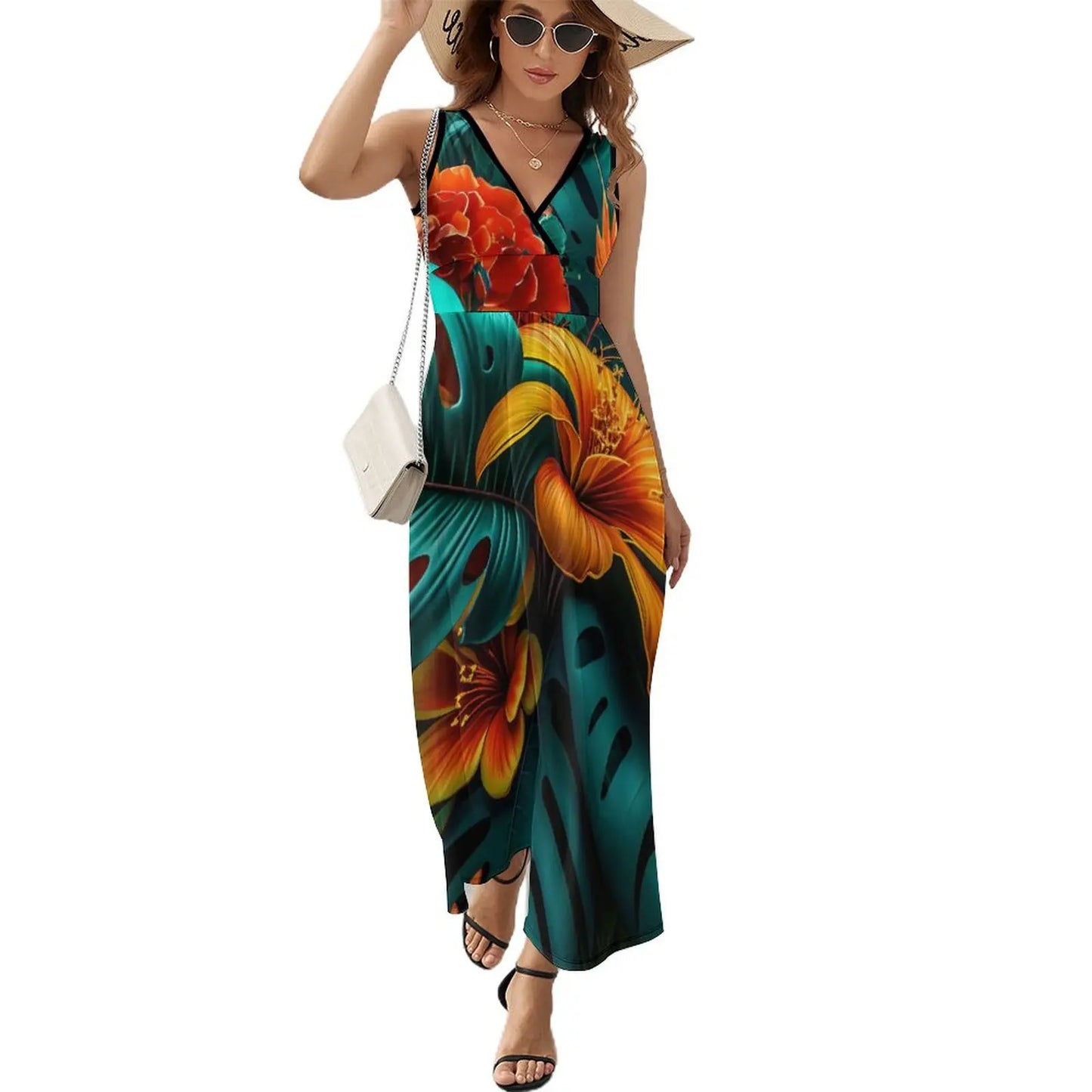 lovwvol Tropical Print Dress Female Orange Flowers Vintage Maxi Dress V Neck High Waist Aesthetic Design Boho Beach Long Dresses