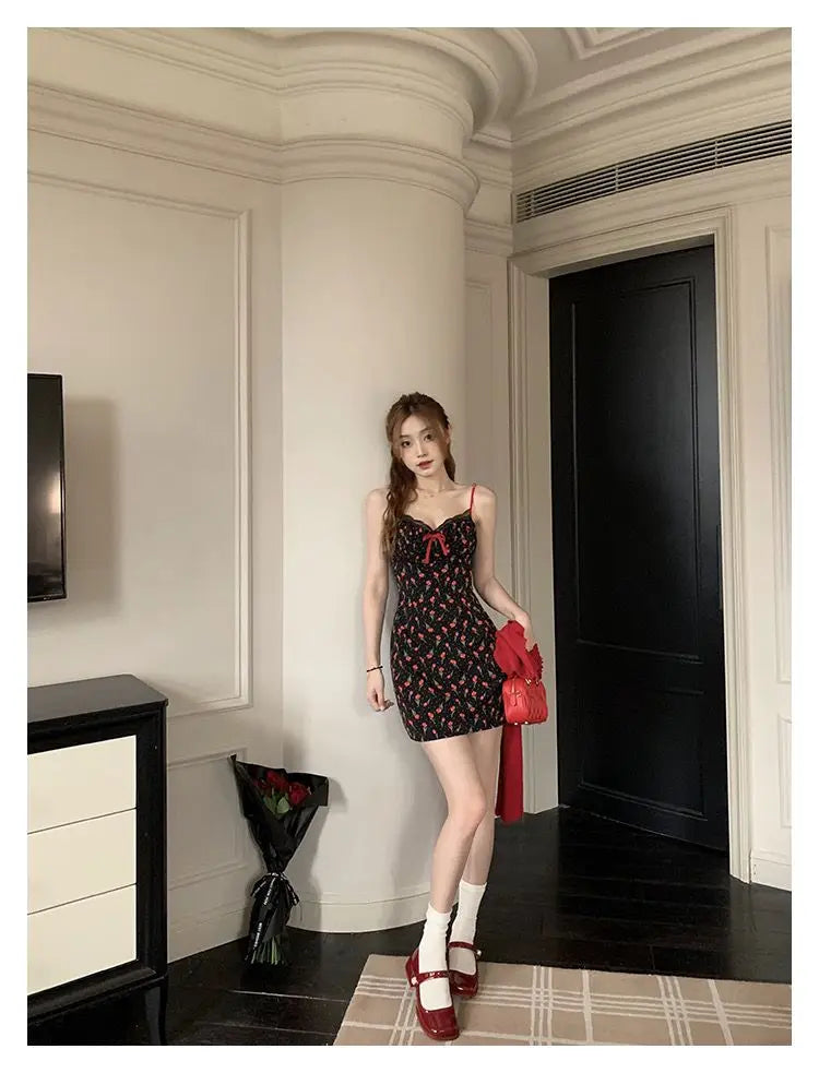 Sweet 2 Piece Dress Set Woman Red Long Sleeve Cardigan + Strap Floral Y2k Mini Dress Party Korean Fashion Suit Spring