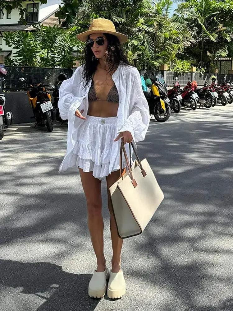 lovwvol White Long Sleeved Shirt Shorts Sets Women Loose Round Neck Single Breasted Blouse Suit 2024 Summer Fashion Lady Streetwears