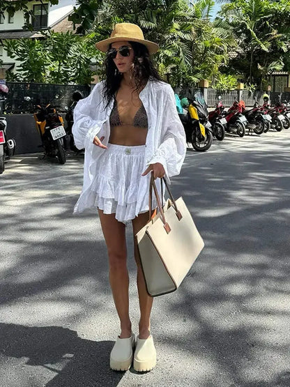 lovwvol White Long Sleeved Shirt Shorts Sets Women Loose Round Neck Single Breasted Blouse Suit 2024 Summer Fashion Lady Streetwears