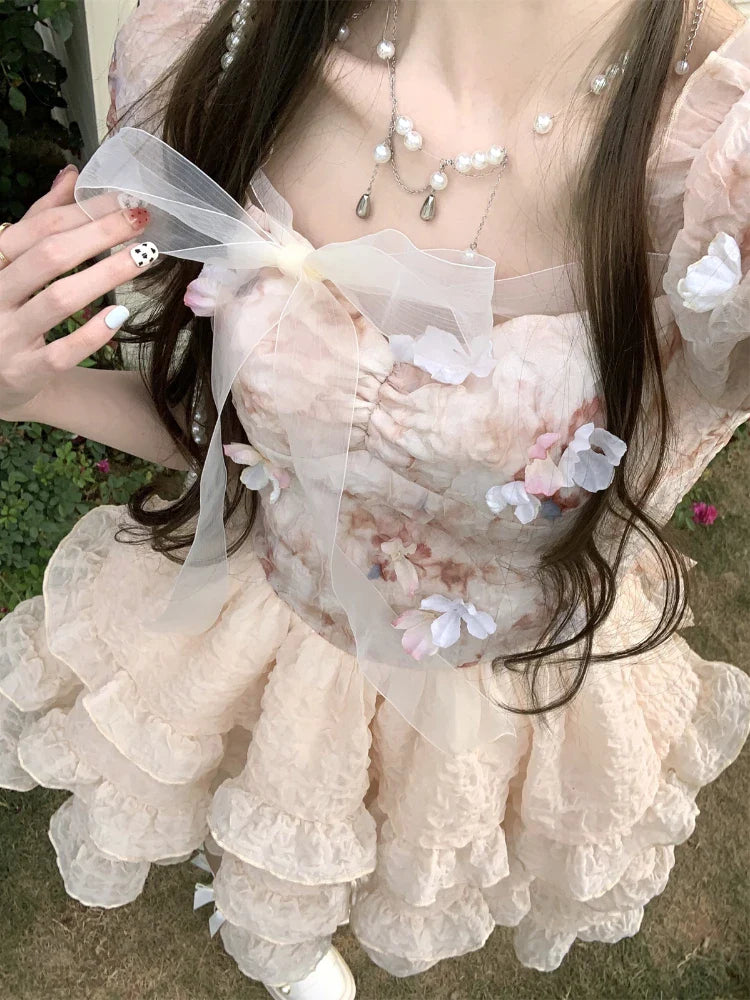 lovwvol Lolita Kawaii Sweet Mini Dress Women Elegant Retro Lace Floral Party Dress 2024 Summer Japanese Style Vintage One Piece Dress