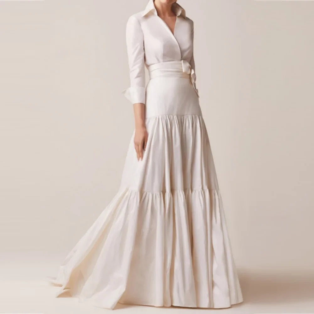 A-Line Mother of the Bride Dresses Shirt Collar Long Wedding Guest Gowns with Bow Ruching Dress Women for Wedding Party