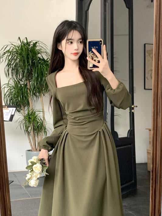 lovwvol Summer Elegant Party Casual Lady Long Dresses Retro Folds Puff Sleeves Fashionable Sexy Design Slimming Waist Green Dress