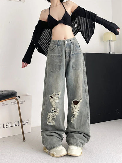 lovwvol Women's Pocket Splicing Holes Unisex Jeans Summer Denim Trousers Young Girl Street Bottoms Female High Waisted Pants