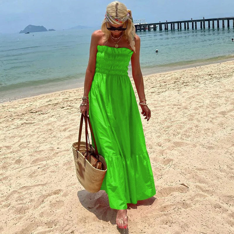 lovwvol Women Sexy Pleated Elastic Strapless Long Dress Vintage Summer Solid Slim A-Line Beach Dress Fashion Holiday Maxi Party Dresses