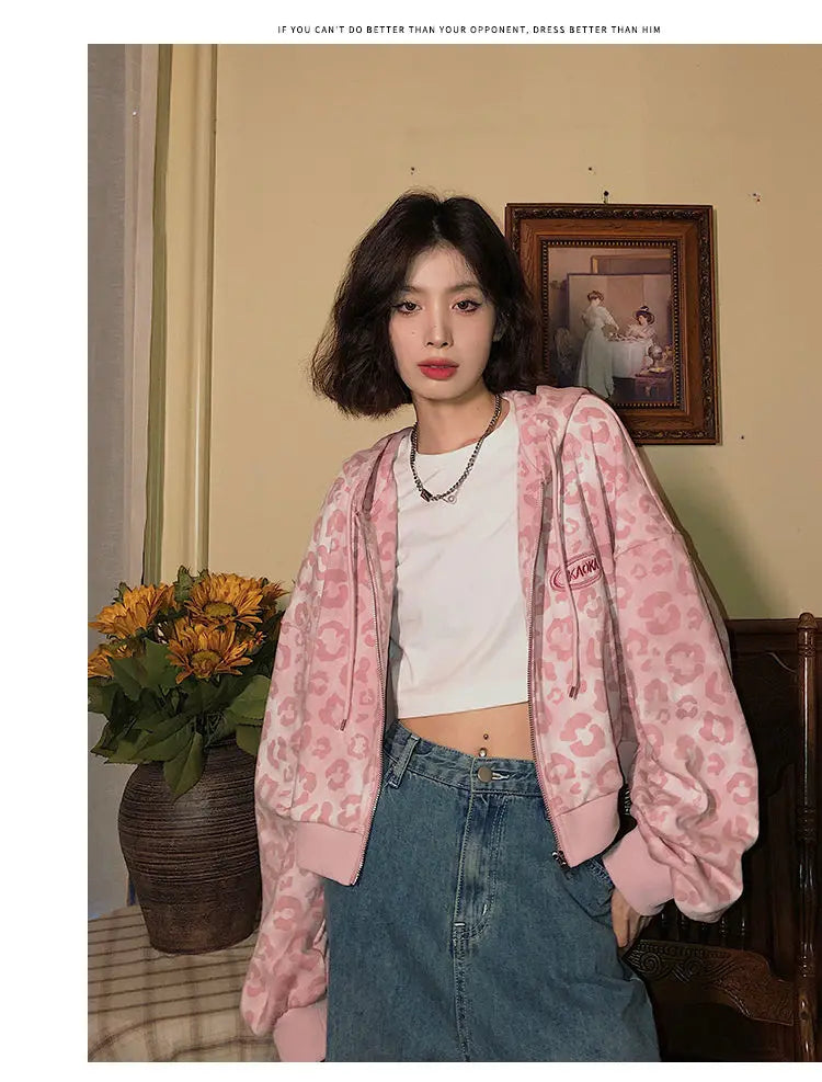 Preppy Style Pink Sweatshirts Leopard Print Y2K Harajuku Oversized Hoodies Women Vintage Zipper Cropped Top Cute Jacket