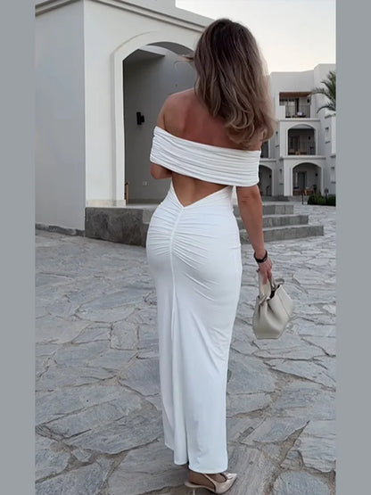 lovwvol Sexy Off Shoulder Hollow Out Women Maxi Dress Fashion Chest Wrapped Bodycon Solid Dresses 2024 Summer Lady Party Evening Robes