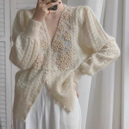 lovwvol New Autumn Pearls Embroidery Cardigans Vintage V Neck Long Sleeve Oversize Gentle Cardigan Sweet Hollow Out Sweater