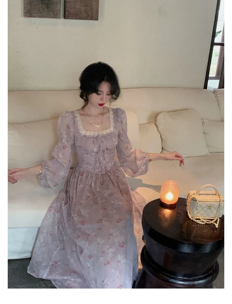 lovwvol French Elegant Square Neck Chiffon Dress for Women Summer Evening Party Long Sleeve Female Dress Casual Fashion Midi Dress