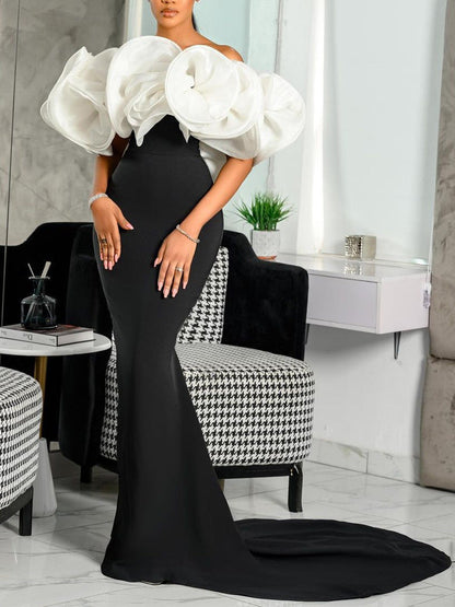 Elegant Evening Dresses Long Luxury Patry Gown Black Sexy Off Shoulder Patchwork Ruffles Sheath Large Swing Maxi Robe Femme