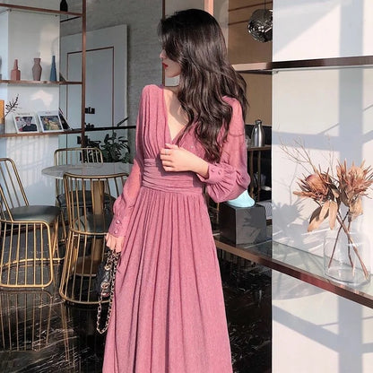 lovwvol Vintage Sexy Maxi Dresses for Women Party Sequin Midi Dress Female Casual Chiffon Slim Korean Woman Dress Elegant Autumn