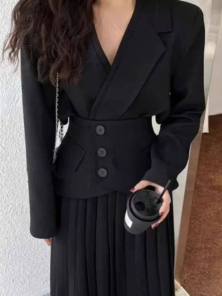 lovwvol   Fashion Designer Vintage 2 Piece Set Women Temperament Office Lady Long Sleeve Coat + Higt Waist Pleated Skirt Blazers Suit