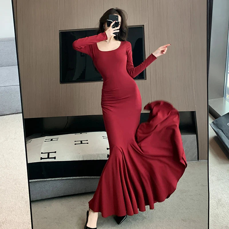 lovwvol  2024 Vintage Women's Prom Dresses Sexy long sleeve O-Neck Fish Tail Long Skirt Elegant Banquet Party Dress For Women Vestidos