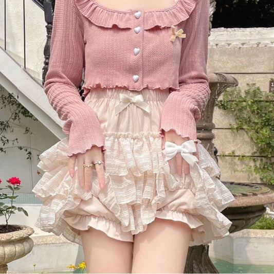 Kawaii Ruffle Skirt Women Coquette Cute Lolita High Waist A-line Bow Lace Fairycore Mesh Mini Skirt Summer Mori Girl