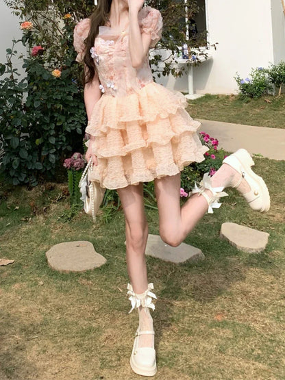 lovwvol Lolita Kawaii Sweet Mini Dress Women Elegant Retro Lace Floral Party Dress 2024 Summer Japanese Style Vintage One Piece Dress