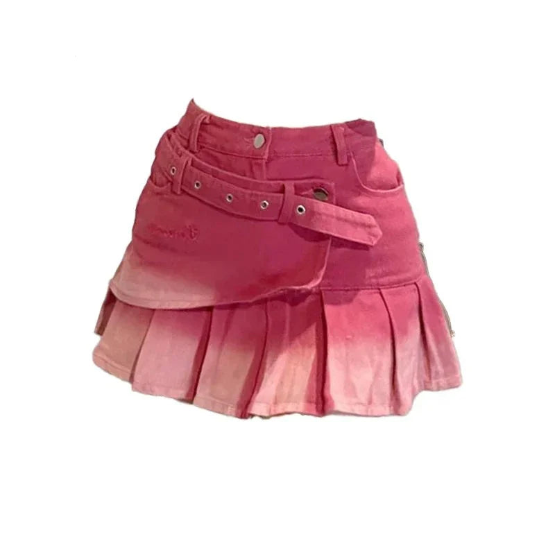 Women's Spring/Summer Barbie Pink Gradient Denim Short Skirt Fashion American Spicy Girl Y2K Subcultural Pleated Cute Skirt