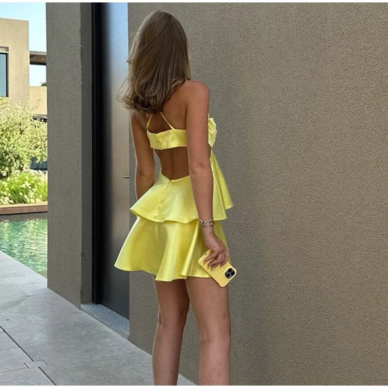 lovwvol Sexy Yellow Satin Women Mini Dress Fashion Backless Sleeveless Pleated A-line Dresses 2024 Summer Lady Party Evening Robes