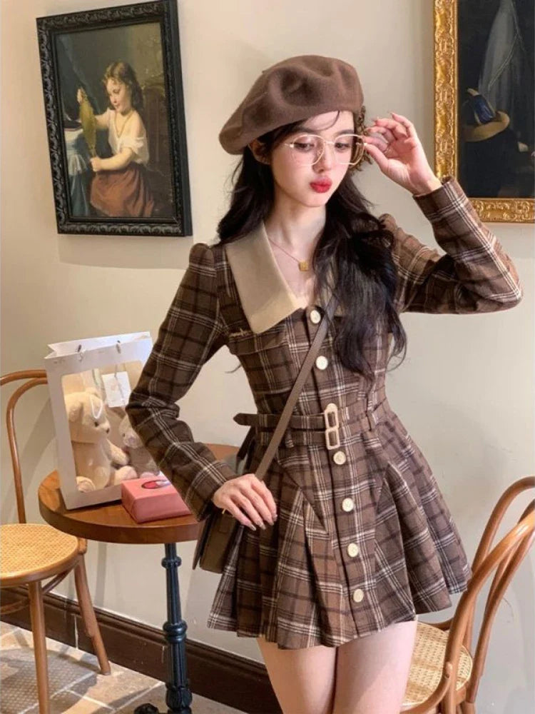 lovwvol   Vintage Plaid Dress Women Elegant Long Sleeve Dresses Preppy Style Autumn Winter Turn-down Collar Puff Sleeve Streetwear