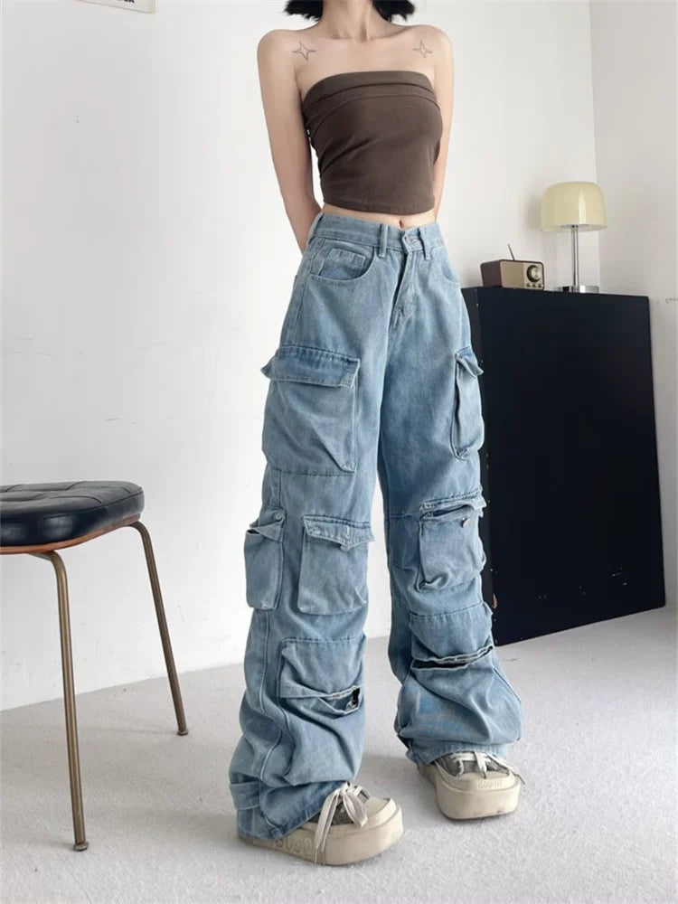 lovwvol Women's Multi Pocket Street Loose Unisex Jeans American Summer Trousers Young Girl Street Bottoms Female Denim Pants