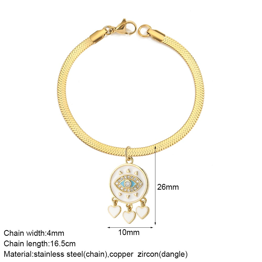 Cute Heart Love Sun Angel Charms Bracelet for Women Evil Blue Eye Gold Color Stainless Steel Chain Copper CZ Dangle Bangle