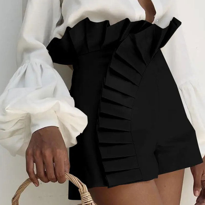 High-Waisted Ruched Shorts With Ruffled Hem