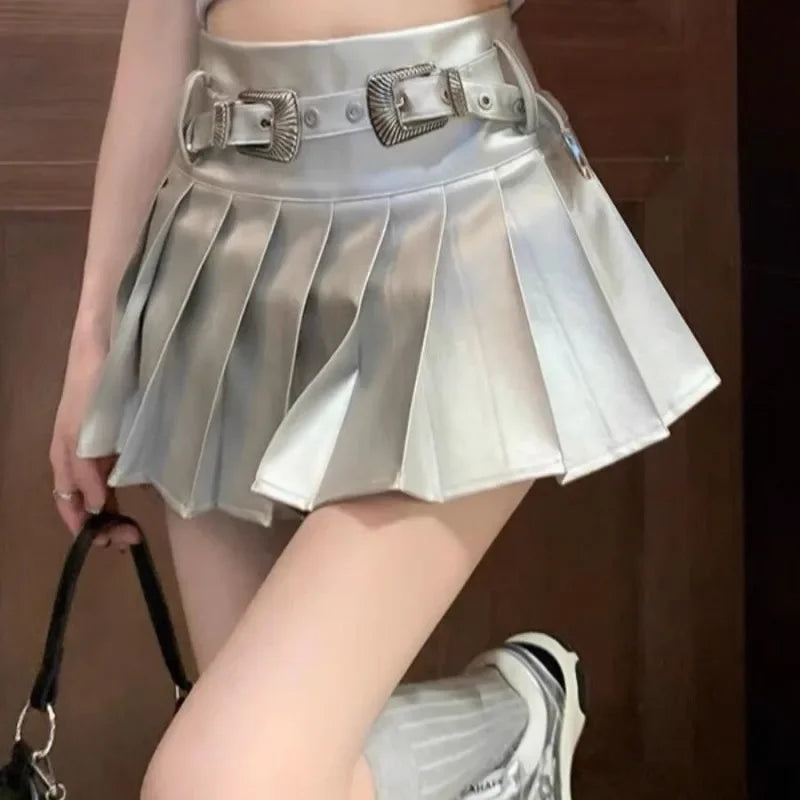 lovwvol  -  High Street Hot Sexy Girl Silver Shiny Short Pleated Skirt Summer A-line PU Leather Skirt with Belt Female Clothes