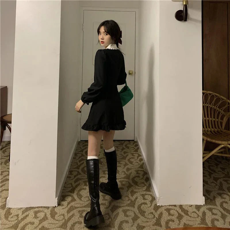 lovwvol   Vintage Black Mini Dress Women Lacy Ruffles Peter Pan Collar A Line Dresses Korean Sweet Y2K Long Sleeve Slim Vestidos