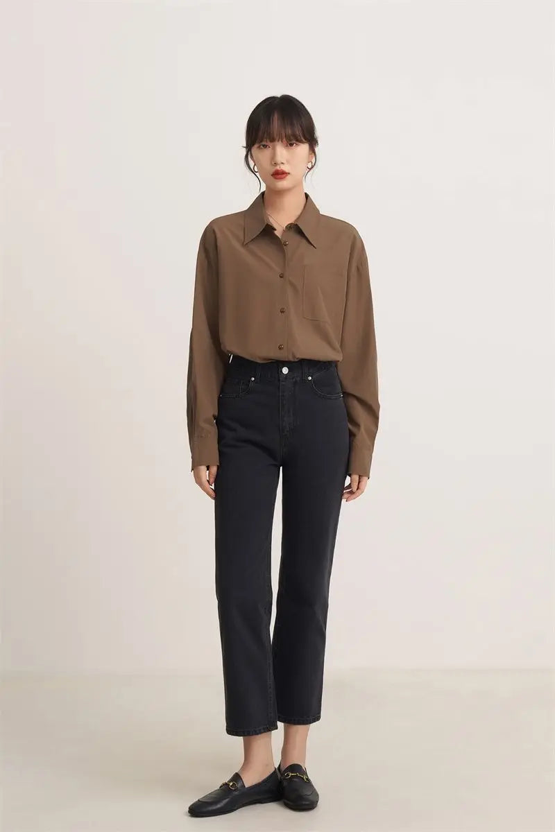 lovwvol Vintage Brown Shirts Women Blouses Office Wear Long Sleeve Elegant Ladies Casual Korean Fashion Loose Autumn Shirts