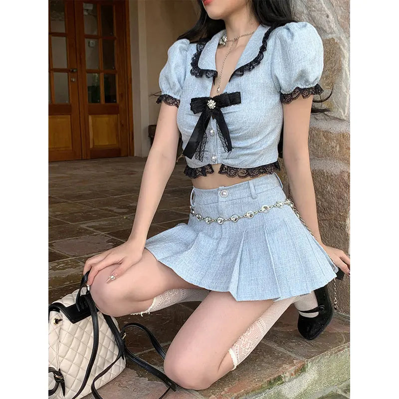 lovwvol Korea Summer Sweet Two Piece Mini Skirts Sets Kawaii Lolita Peter Pan Collar Bow Crop Top + Mini Skirt Suit Blue Outfit Outwear