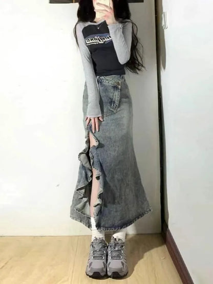 lovwvol Women's Mermaid  Skirt Clothes Blue Skirt Harajuku Korean Girl Casual Chic Fashion Vintage A-Line Denim Skirt Split Hem Coquette