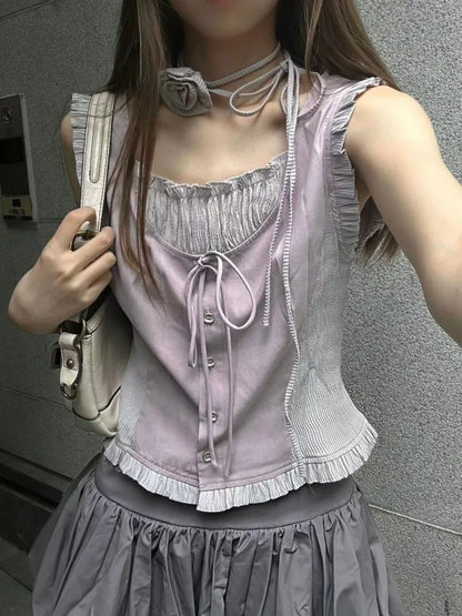 Summer Patchwork Contrast Color Tanks Women Harajuku Bandage Sleeveless Tops Fairy Korean Fashion Casual Camisole Y2k Aesthetic