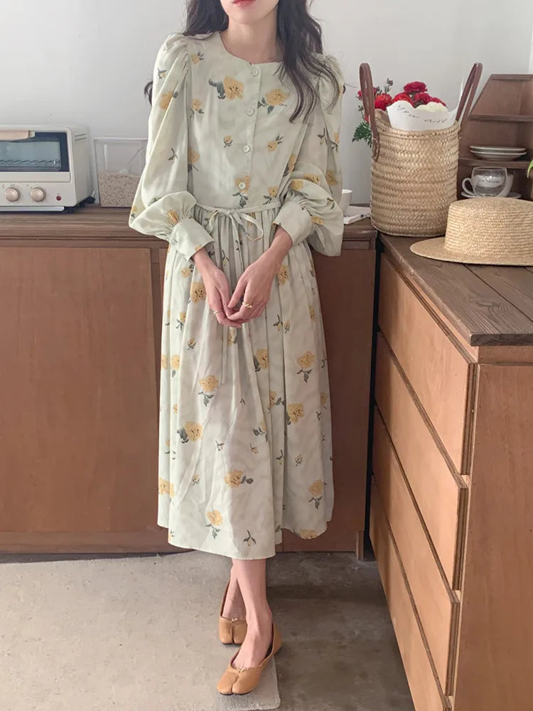 Korean style Women Sweet Floral Long Chiffon Dress with Belt Spring Autumn Round Collar High Waist Slim Dresses