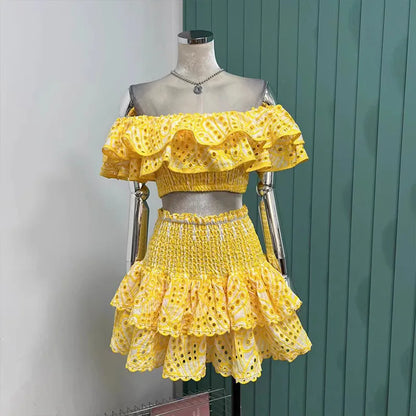 lovwvol Floral Two Piece Women Dress Summer Cotton Embroidery Sexy Slash Neck Ruffles Short Skirts Suits Beach Crop Tops