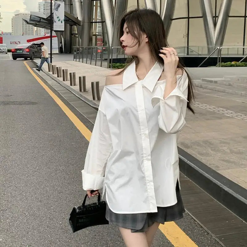 lovwvol Women Blouses White Off Shoulder Oversized Korean Fashion Sexy Chic Aesthetic Shirts Elegant Female Tops Streetwear