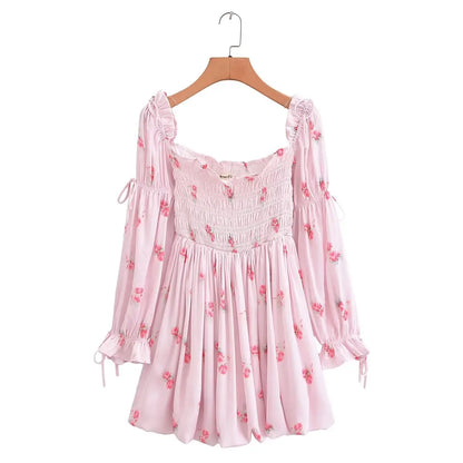 lovwvol Sweet Pink Floral Print Satin Sexy Off Shoulder Dress Women Long Sleeve Holiday Party Mini Dresses Princess Fairy Robe