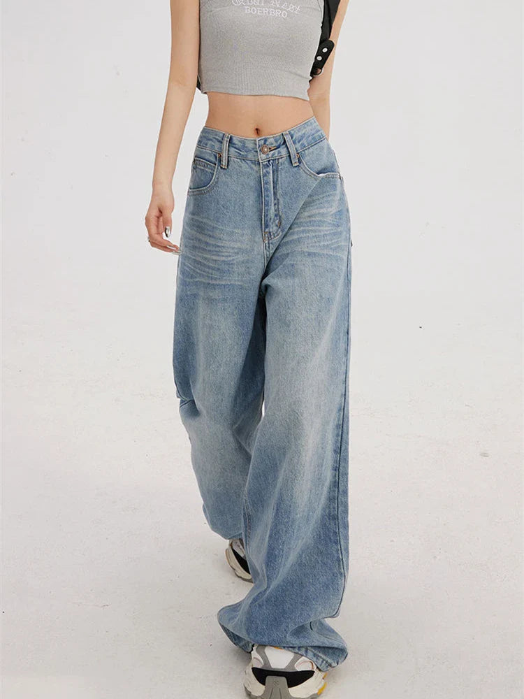 lovwvol Women's Light Blue High Waisted Jeans Young Girl Street Straight Bottoms Vintage Baggy Trousers Female Wide Leg Denim Pants