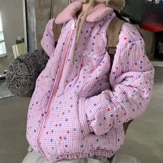 lovwvol  -  Sweet Cute Winter Pink Print Warm Women Parkas Harajuku Zippers Loose Casual Grunge Jacket Patchowrk Pocket Y2k Aesthetic Coat