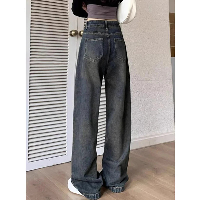 lovwvol - Harajuku Retro Women's High Waist Wide Leg Jeans Autumn Winter Thin Vintage Straight Leg Pants Fashionable Floor Mopping Jeans