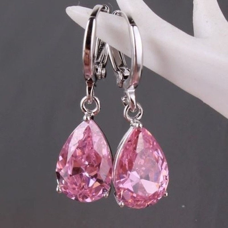 Gorgeous Pink Cubic Zircon Stones Earrings Exquisite Fashion Silver Color Metal Water Droplets Dangle Earrings for Women