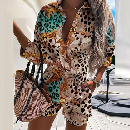 lovwvol New Elegant Print Two Piece Sets Women Summer Spring Turn-Down Collar Shirt Tops+ Shorts Woman Sets Casual Long Sleeve Shirts