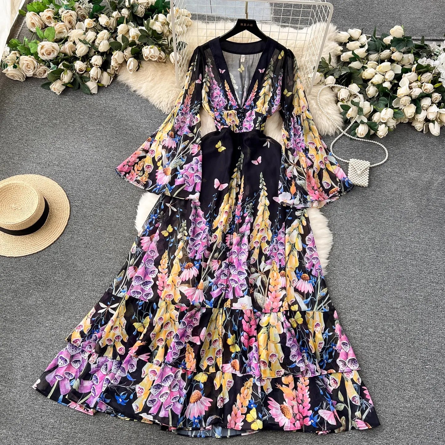 lovwvol Summer Holiday Gorgeous Cascading Cake Dress Women Flare Sleeve V Neck Flower Print Buttons Chiffon Bohemain Robe