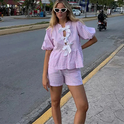 lovwvol Summer Elegant Stripe Shorts Set 2024 Casual Bow Lace Up O-neck Blouses High Waist Shorts Chic Lady 2 Pieces Sets Beachwear