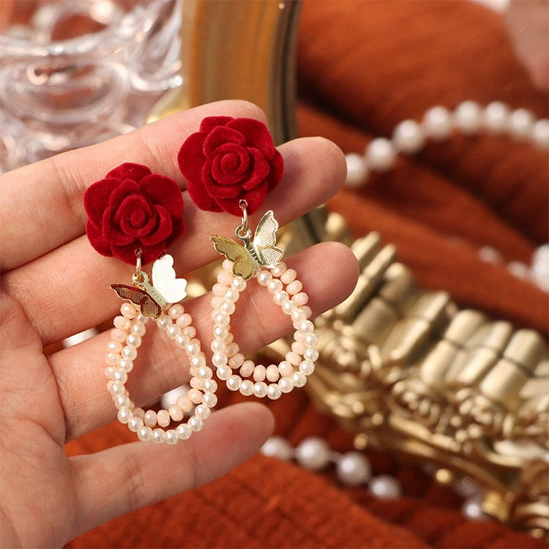 New Korean Luxury Crystal Zircon Stud Earring For Women Red Flowers Heart Pearl Bow Knot Earrings Christmas New Year Jewelry