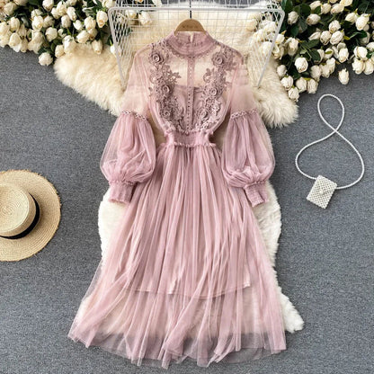 Ladies Dress Three-dimensional Flower Hook Mesh Temperament Stand Collar Lantern Sleeve High Waist Slim Female Dresses