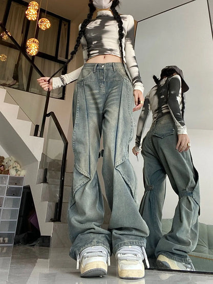 lovwvol Y2k Vintage Jeans Women High Waist Loose Straight Pants Spring Blue Spliced Casual Streetwear Fashion Denim Wide Leg Pants