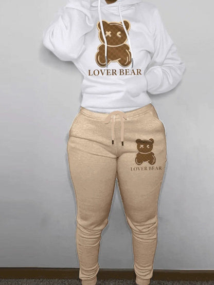 Lovely Bear Letter Print Kangaroo Pocket Tracksuit Set Long Sleeve Hoodie+Drawstring Trousers Women Two Pieces Matching Suits