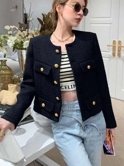 Autumn Winter Small Fragrant Tweed Jacket Coat Women Vintage Woolen Short Coats Streetwear Elegant Casual Slim Outwear Crop Top