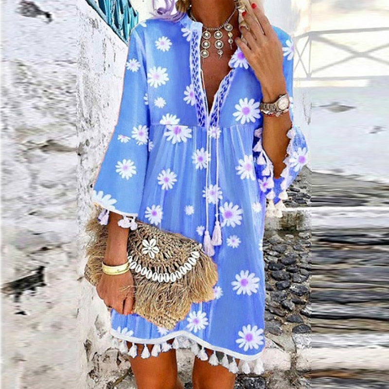 Women Vintage Print V Neck Tassel Mini Dress Casual Loose Three Quarter Sleeve Beach Dress  Spring Summer Party Dress Femme