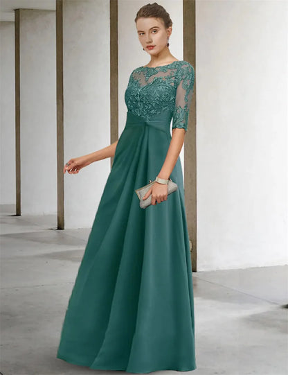 Elegant Mother of The Bride Dresses Plus Size Wedding Party Dresses Scoop Neck Half Sleeve Floor Length Lace Appliques Chiffon